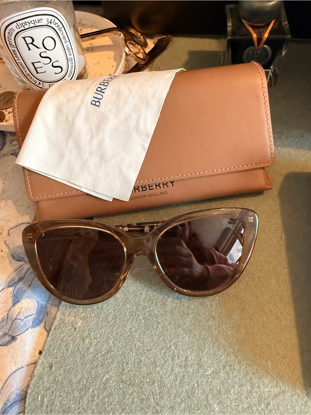 Burberry Translucent Brown Cat-Eye Sunglasses with Tan Case